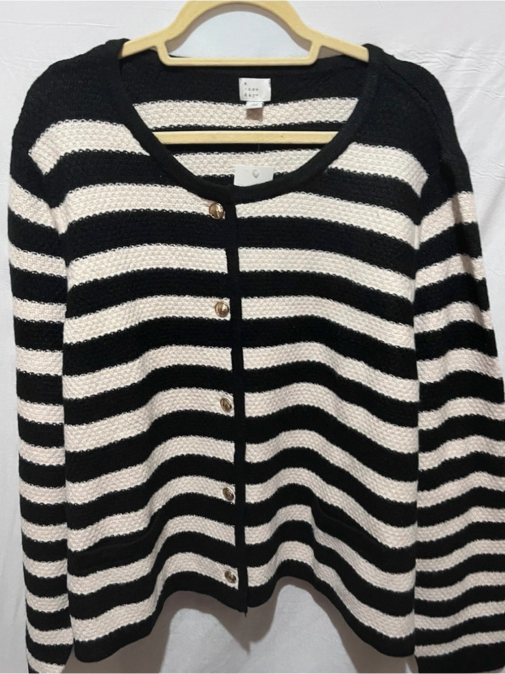 a new day Black and White Striped Button Cardigan